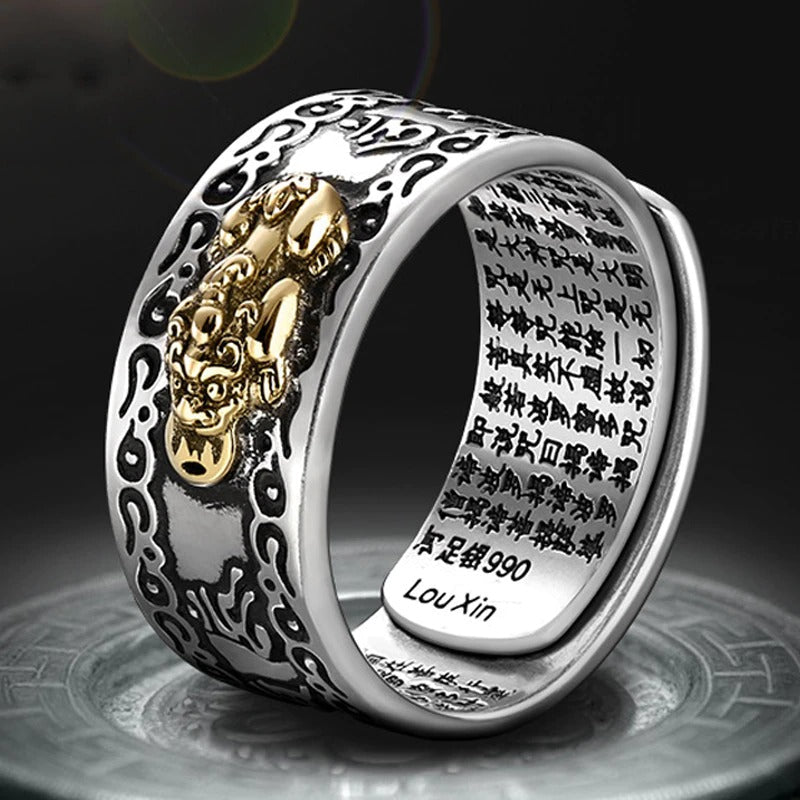 Silberring mit goldener Drachenverzierung, chinesische Schriftzeichen, verstellbar, Herrenmode.
