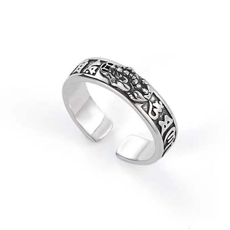 Silberner verstellbarer Ring mit tibetischen Symbolen, Unisex-Schmuck, Edelstahl.