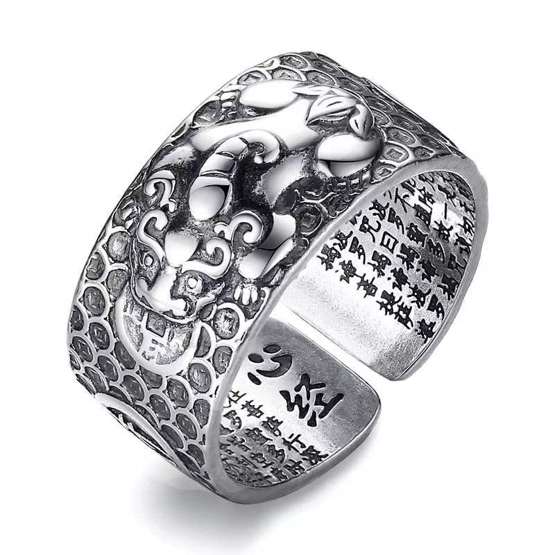 Silberner Drachenring mit chinesischen Schriftzeichen, verstellbar, Herren-Schmuck, Vintage-Stil.