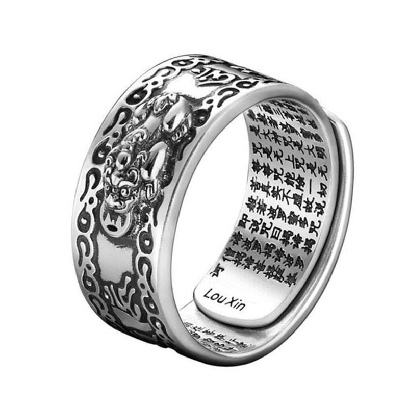 Silberner Ring mit Drachenmotiv und Gravur, Edelstahl, Herrenring, modisch, Lou Xin Design.
