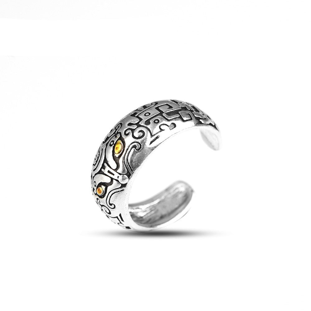 Silberner verstellbarer Ring mit tribalem Muster und gelben Akzenten, Schmuck für Herren.